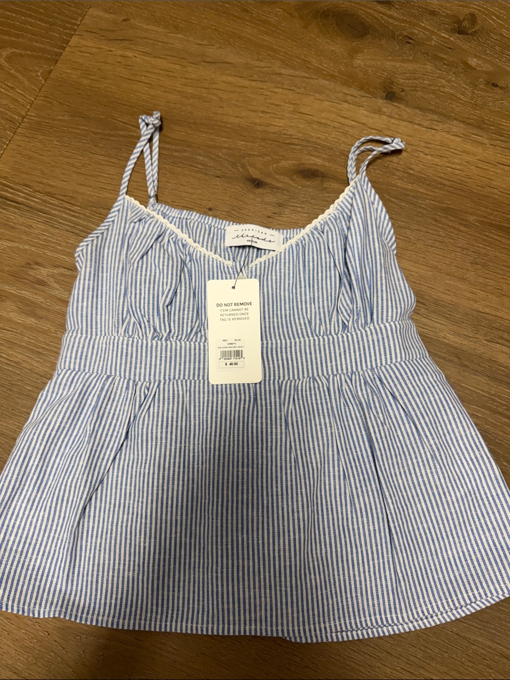 American Threads Blue and White Seersucker Striped Camisole Medium NWT